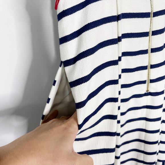 Eliza J 2 Navy Blue White Striped Fit and Flare Dress Pleated Keyhole Pockets - Picture 11 of 14